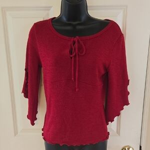 Vintage Y2K IZ Byer Top M Red Tie Front Top Flared Lettuce Trim Asymmetrical